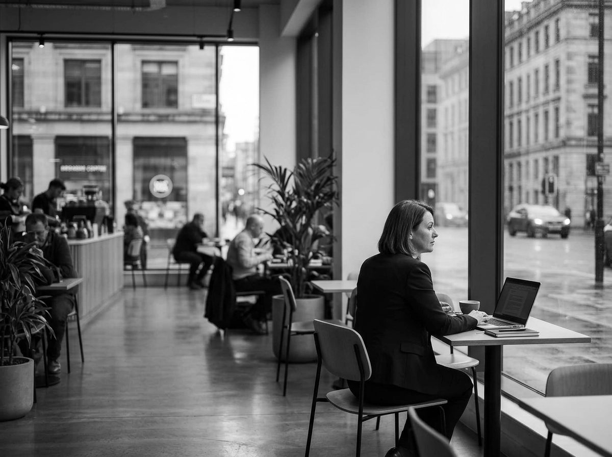 Professional working at a window table in a city café, other guests at separate tables