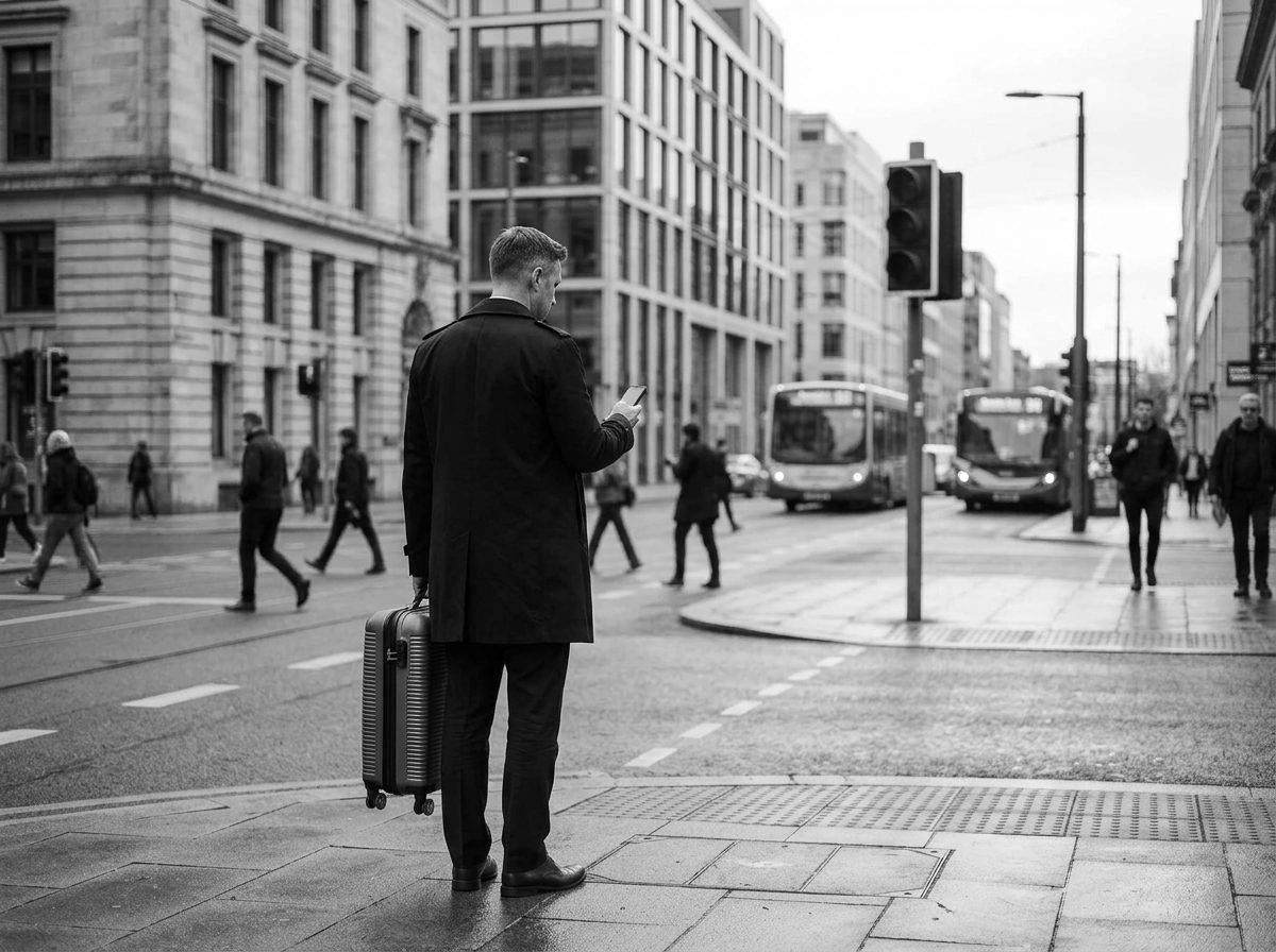 Business traveller with a carry-on, looking at his phone at a crossing in a business district