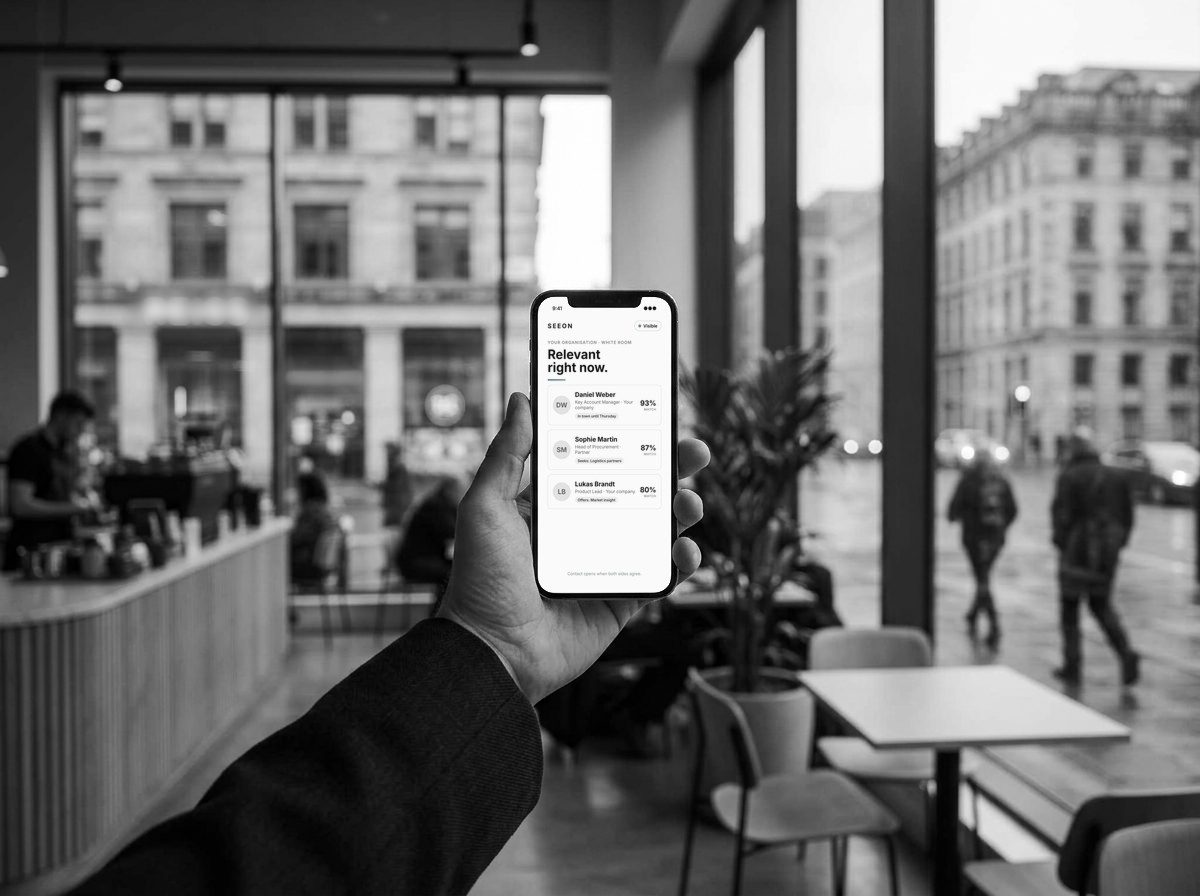 Smartphone in a city café showing relevant people in the organisation's White Room