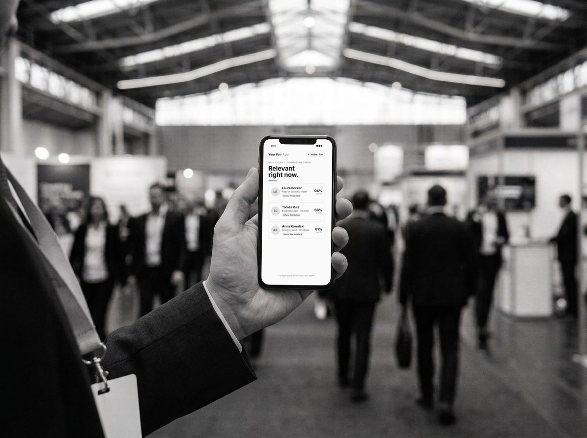 Attendee holding a smartphone showing relevant people inside the official event app, powered by SEEON