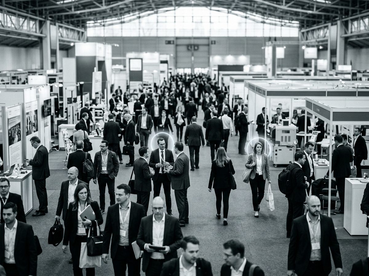Busy trade fair hall, two attendees subtly highlighted as visible