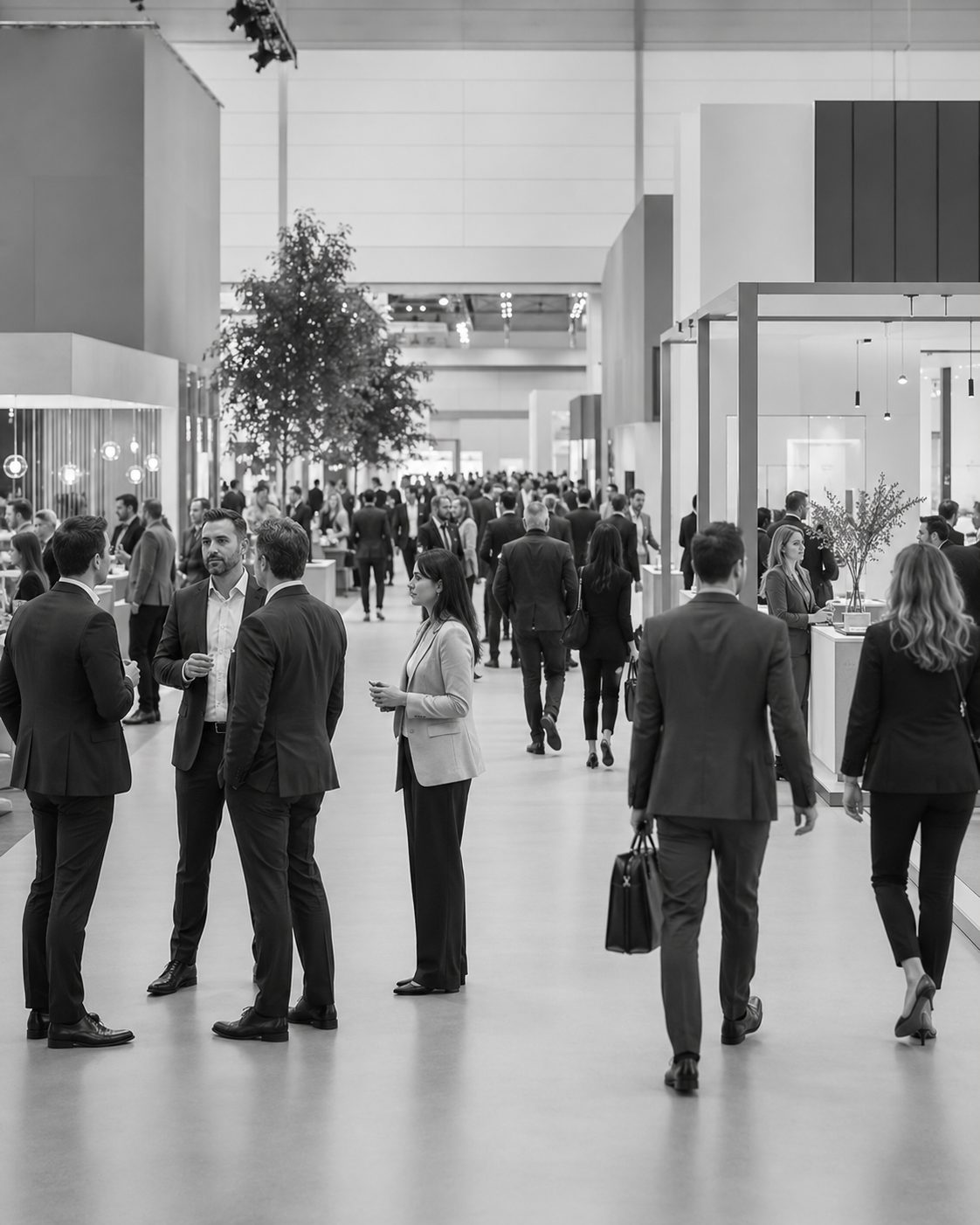Black and white event hall with professional visitors