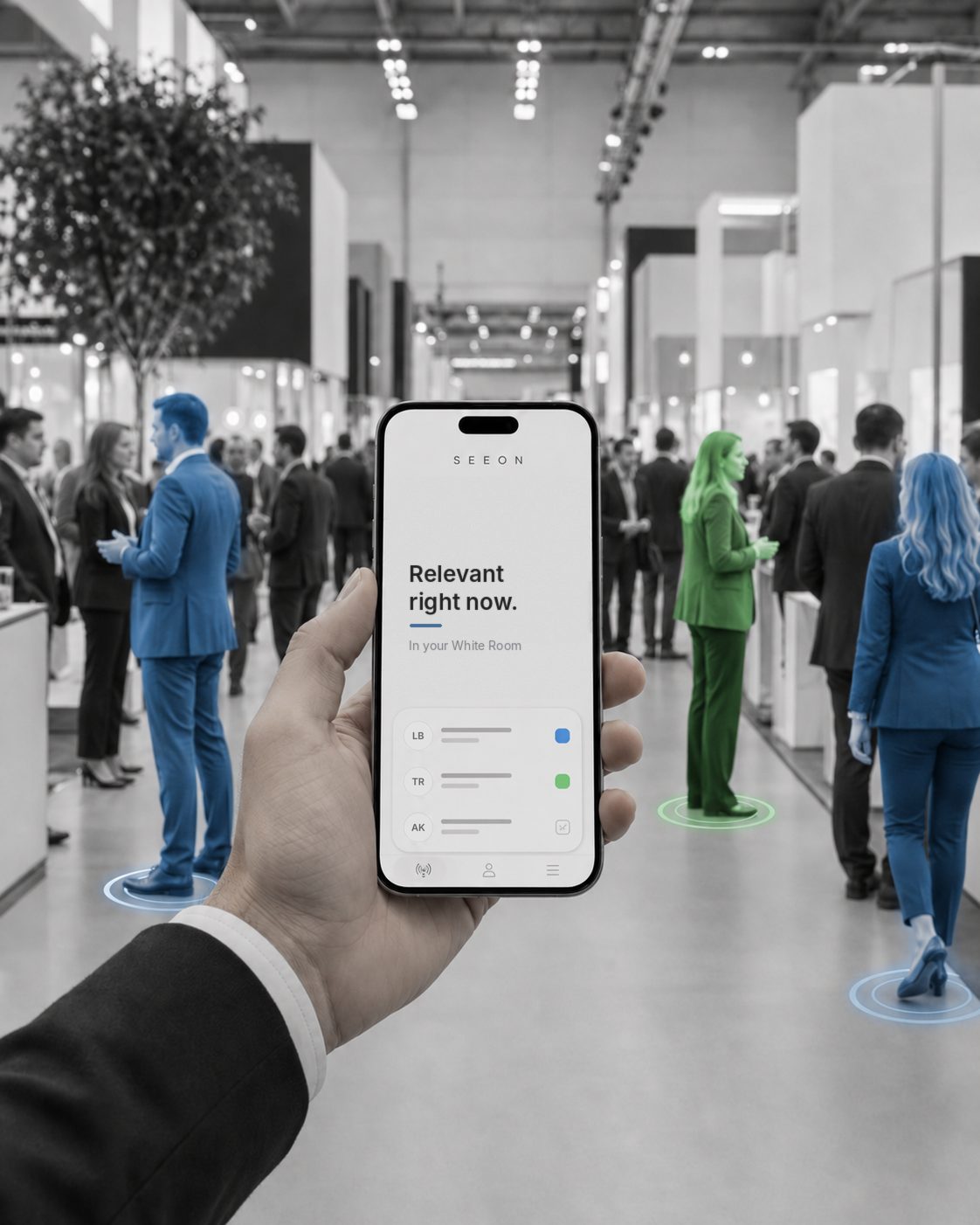 Smartphone with the SEEON relevance list, relevant professionals in the hall highlighted