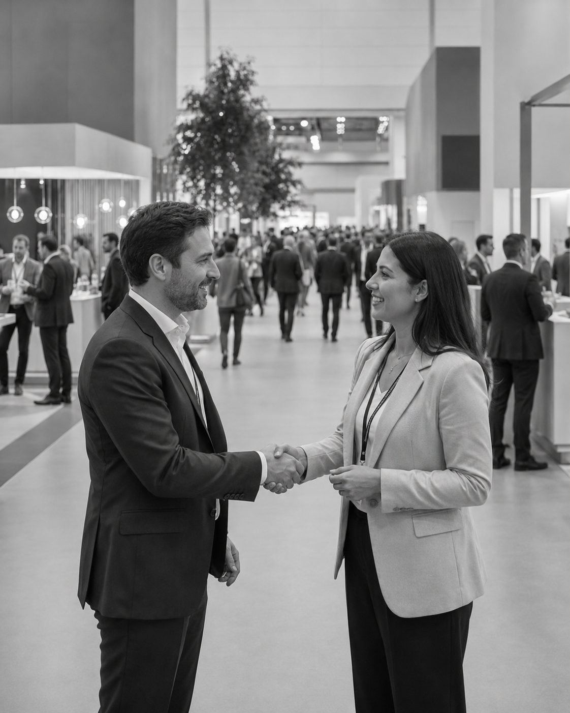 Two business people shaking hands at an event