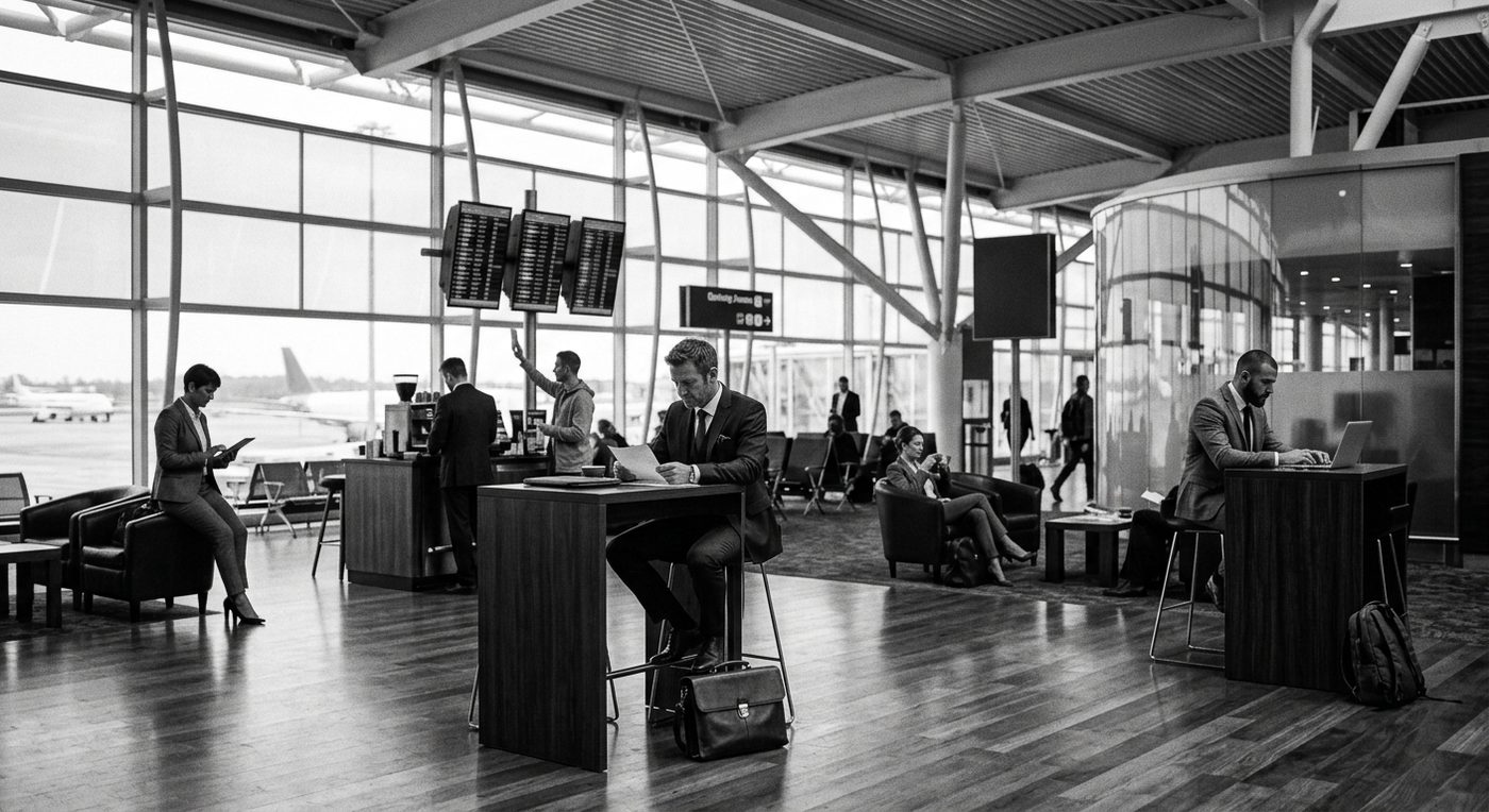 Business professionals in an airport lounge, each working independently, unaware of who is nearby